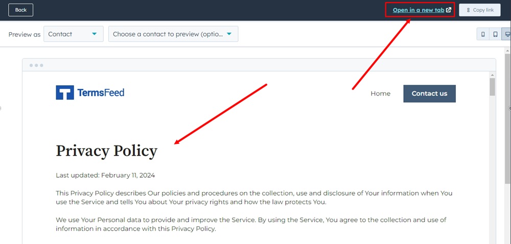 TermsFeed HubSpot - The Privacy Policy page - Rich Text - Preview - Open in a new tab