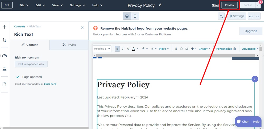 TermsFeed HubSpot - The Privacy Policy page editor - Rich Text - Preview