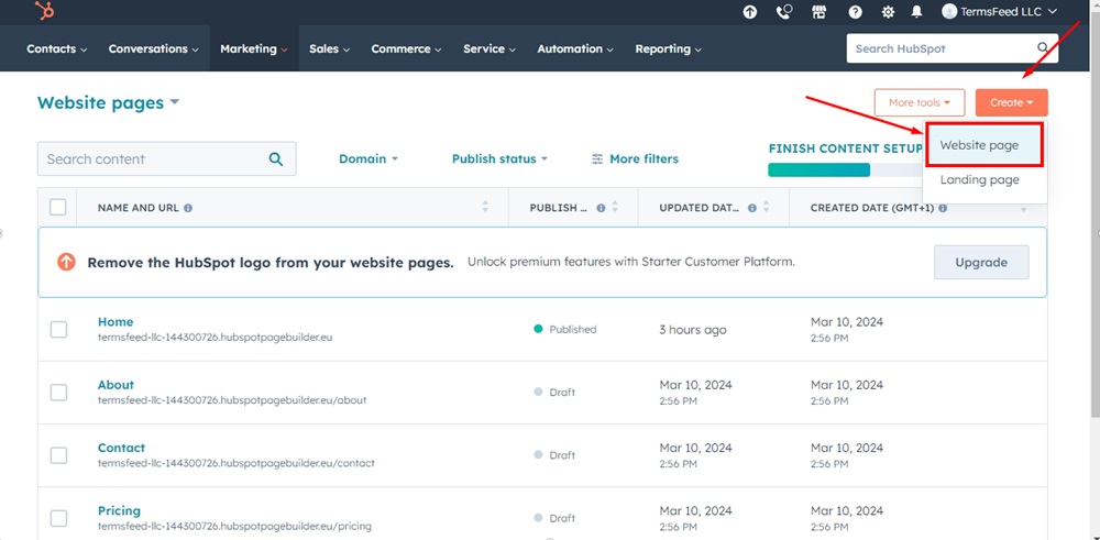 TermsFeed HubSpot - Website Pages - Create - Website page highlighted