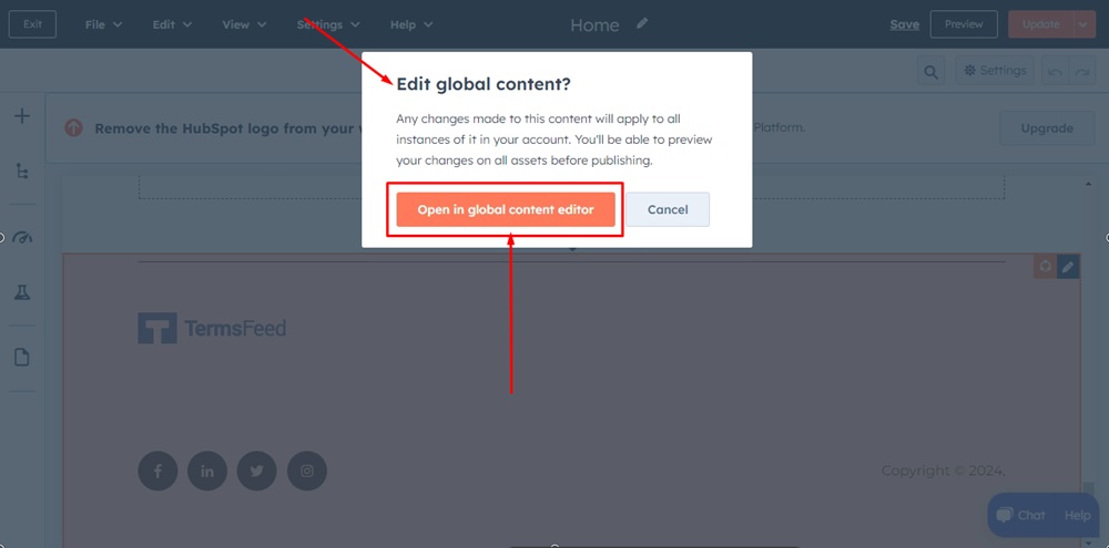 TermsFeed HubSpot - Website Pages - Home page Edit - Global content dialog with Open option highlighted