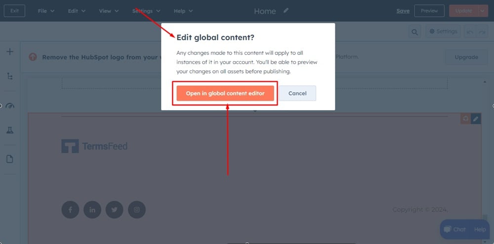 TermsFeed HubSpot - Website Pages - Home page Edit - Global content dialog with Open option highlighted