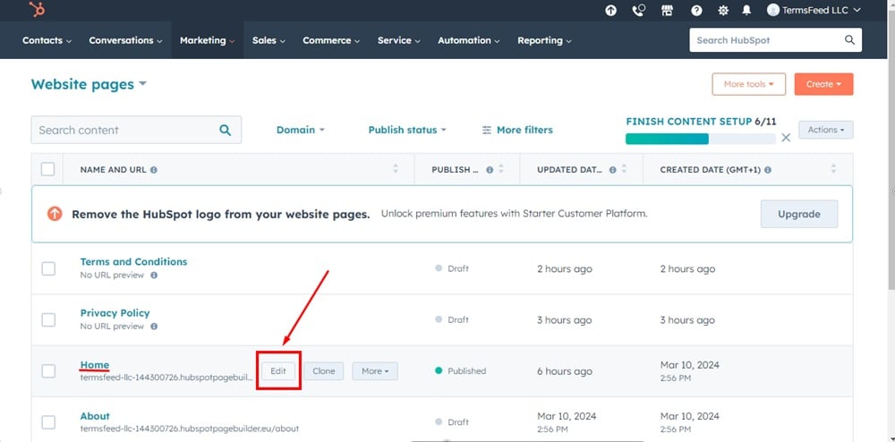 TermsFeed HubSpot - Website Pages - Home page Edit option highlighted