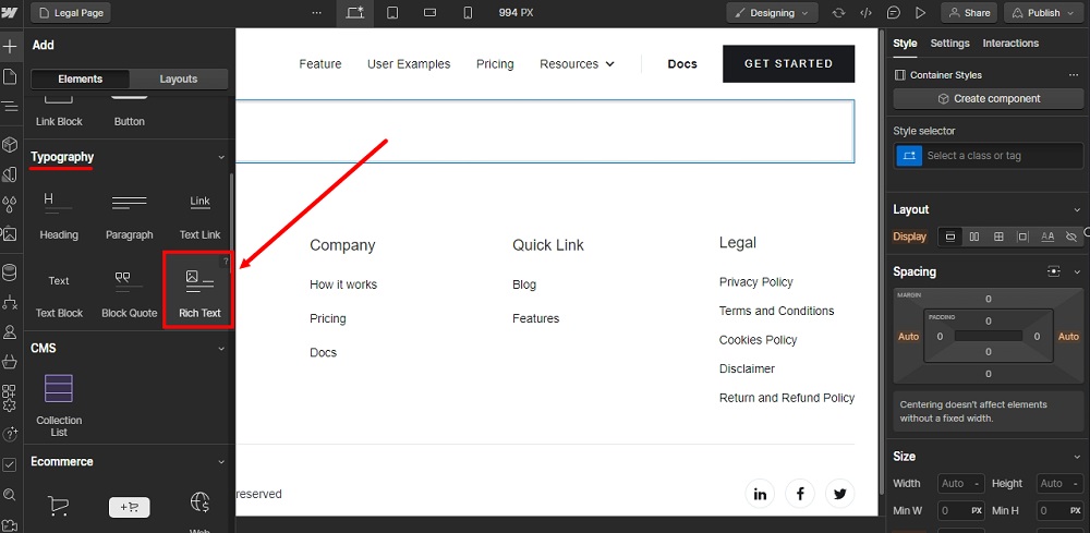 TermsFeed Webflow: Designer - Add a new element - Typography - Rich Text selected