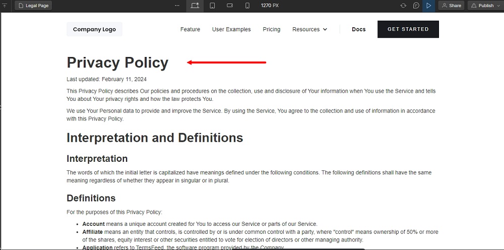 TermsFeed Webflow: Designer - Privacy Policy Page - Preview displayed