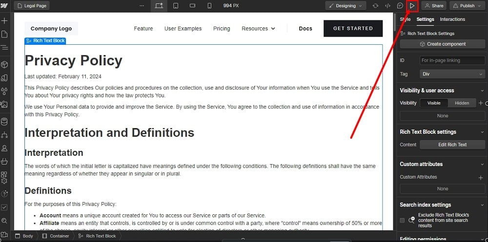 TermsFeed Webflow: Designer - Privacy Policy Page - Rich Text Edited - Preview highlighted