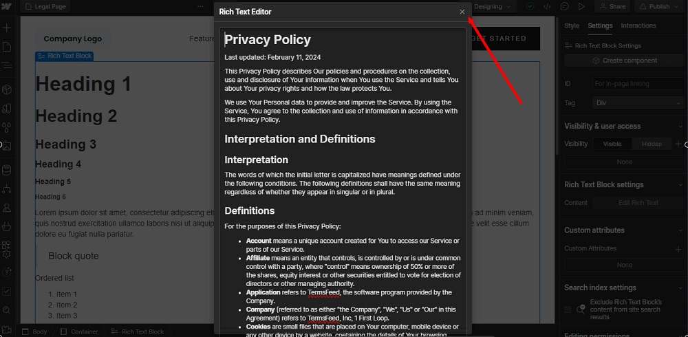 TermsFeed Webflow: Designer - Privacy Policy Page - Rich Text Editor - Pasted - Close