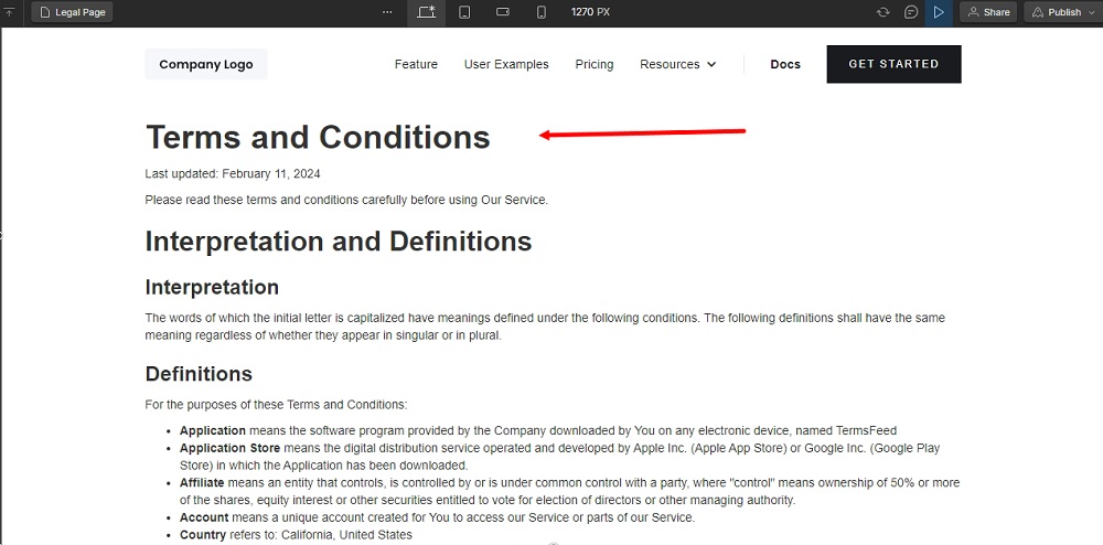TermsFeed Webflow: Designer - Terms and Conditions Page - Preview displayed