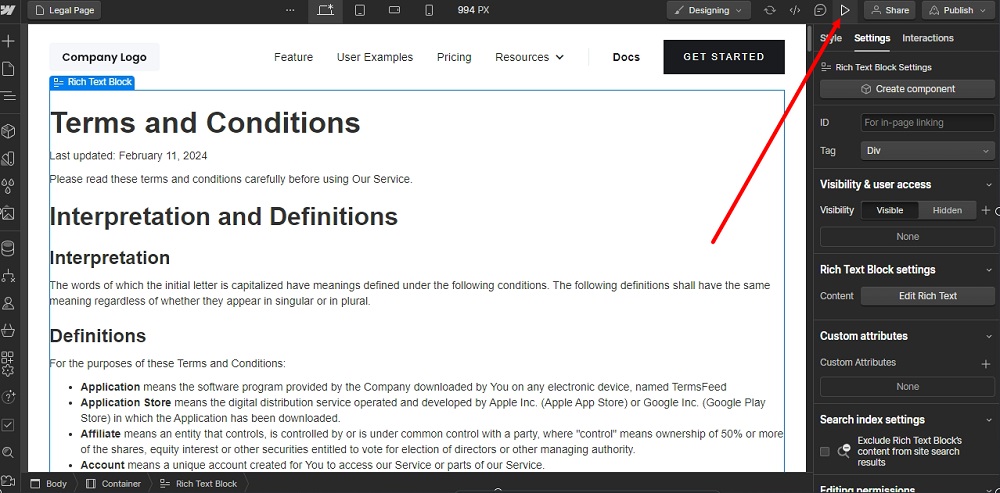 TermsFeed Webflow: Designer - Terms and Conditions Page - Rich Text Edited - Preview highlighted