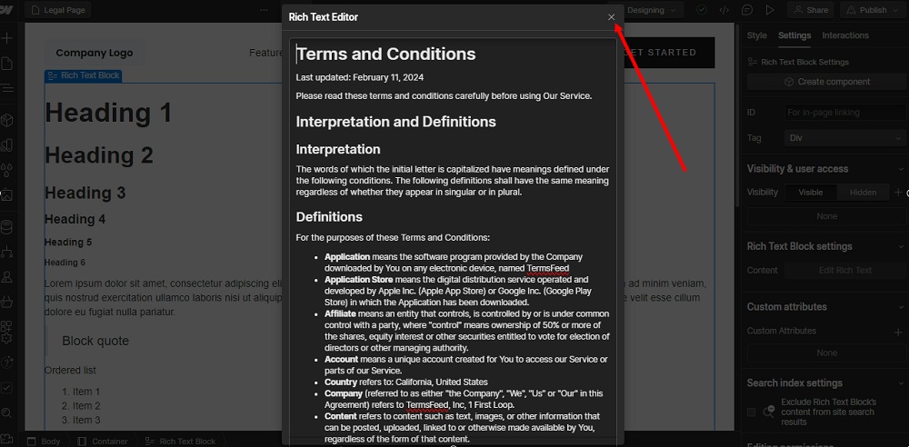 TermsFeed Webflow: Designer - Terms and Conditions Page - Rich Text Editor - Pasted - Close