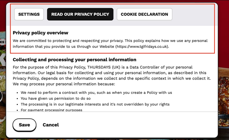 TGIFridays UK cookie notice