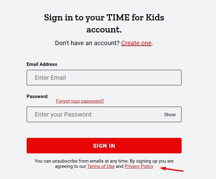 Time Kids Sign in form with Privacy Policy link highlighted