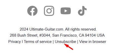 Ultimate Guitar email footer with Unsubscribe link highlighted