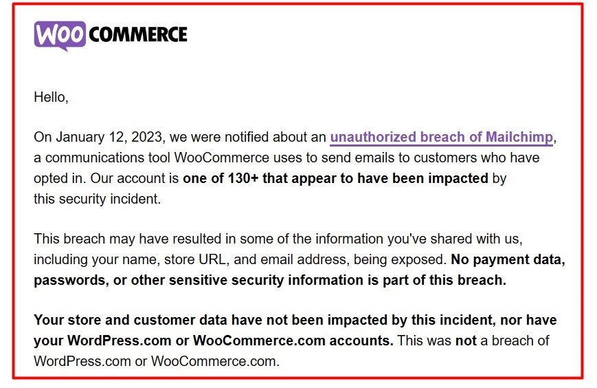 WooCommerce data breach email