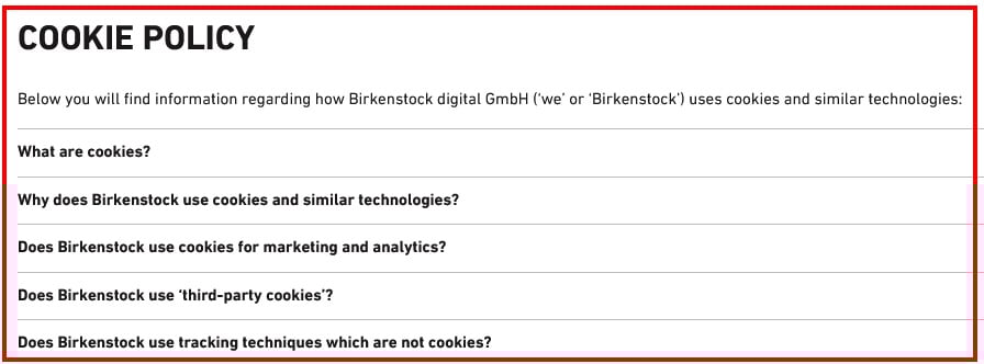 Birkenstock Cookie Policy Table of Contents