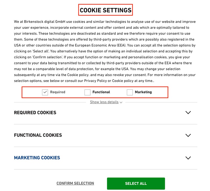 Birkenstock Cookie Settings form