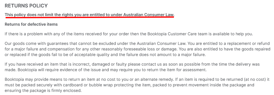 Booktopia Returns Policy excerpt