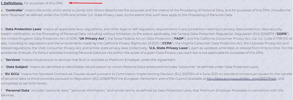 Built In DPA Definitions clause