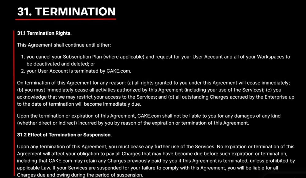 CAKE Terms of Use: Termination clause