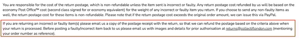 Collectif London: Returns - Incorrect or faulty item excerpt