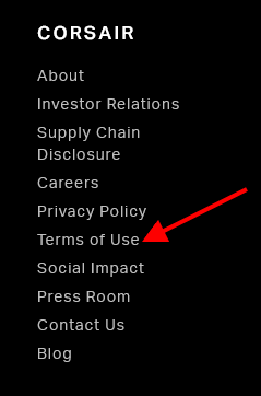 Corsair website footer with Terms link highlighted