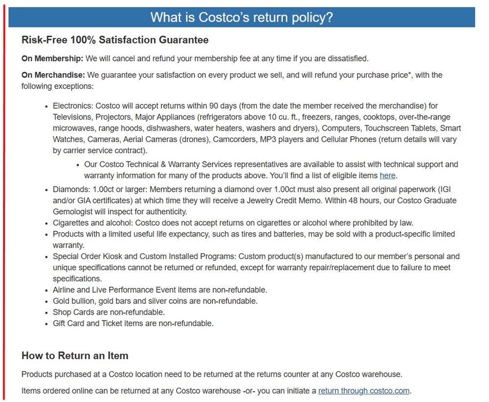 Costco Money Back Guarantee