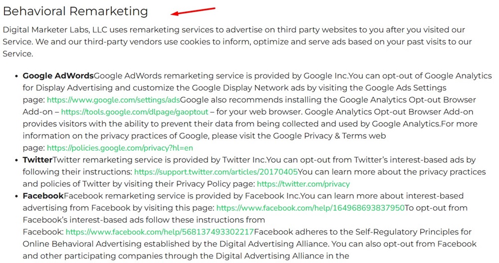 DigitaMarketer Privacy Policy: Behavioral Remarketing clause