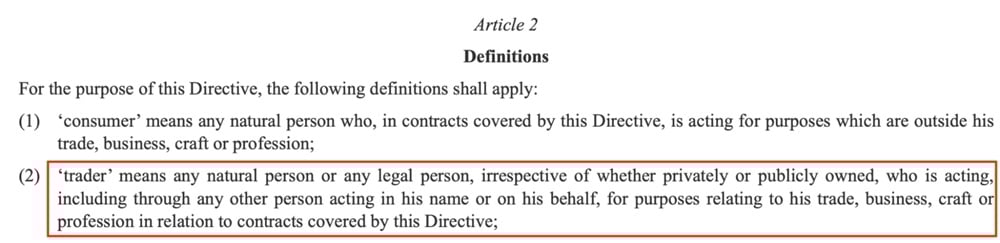 EU Consumer Rights Directive: Definition of trader