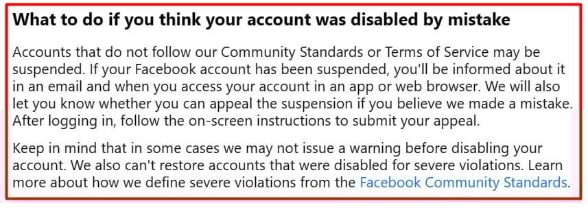 Facebook Account disabled by mistake page