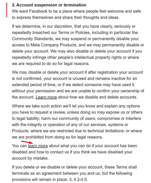 Facebook Terms of Service: Account suspension or termination clause