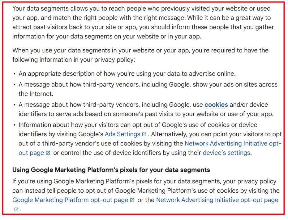 Google Ads What to Include in Privacy Policy list
