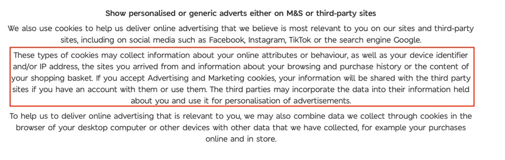 Marks and Spencer Cookies Policy: Third Party excerpt