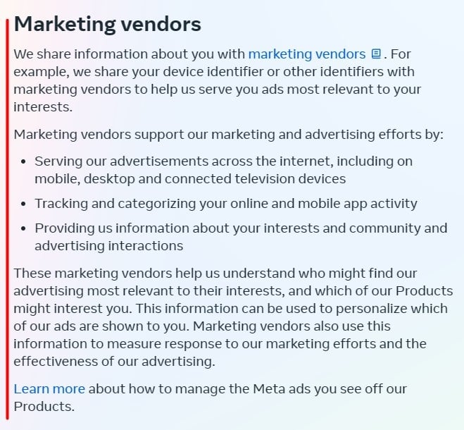 Meta Privacy Policy: Marketing Vendors clause