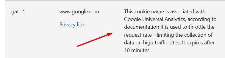 MIcrosoft cookies information - Google Analytics section
