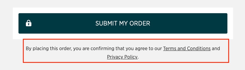 MyProtein Submit order with Agree to Terms and Privacy link highlighted