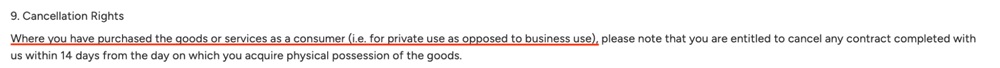MyProtein Terms and Conditions: Cancellation rights clause