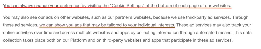 Nike Privacy Policy: Cookies clause excerpt 2