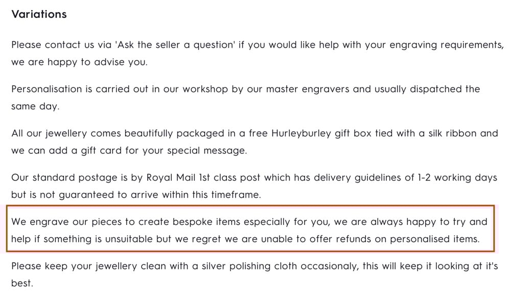 Not On the High Street: Variations and refunds information