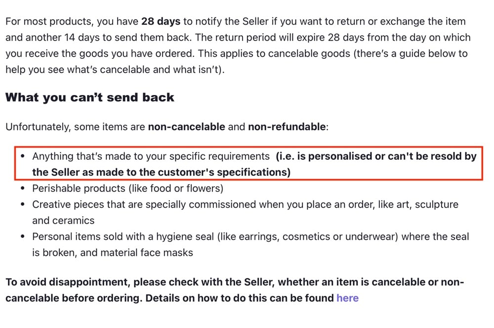 Not On the High Street: Return and Refund Policy - Non refundable section