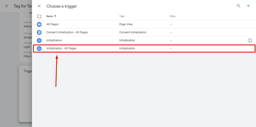Tag Manager - Ecommerce Legal - Dashboard - Tags - Custom tag type TermsFeed Cookie Consent added - Triggering - Initialization - All pages highlighted