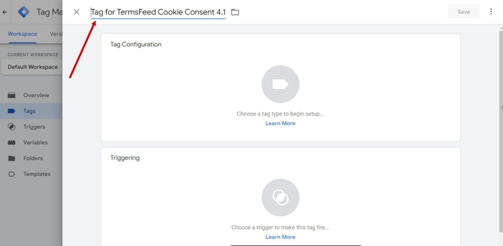 Tag Manager - Ecommerce Legal - Dashboard - Tags - New - Name added highlighted