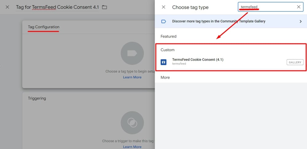 Tag Manager - Ecommerce Legal - Dashboard - Tags - Search termsfeed - add custom tag type TermsFeed Cookie Consent highlighted