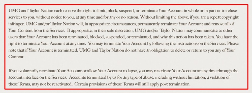 Taylor Swift Terms of Use: Termination clause