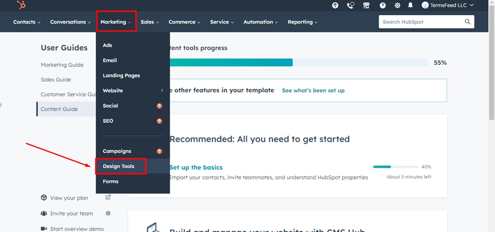 TermsFeed HubSpot - Dashboard - Marketing - Design Tools