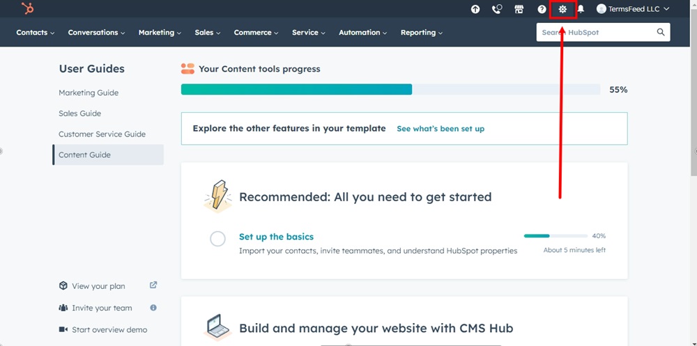 TermsFeed HubSpot - Dashboard - Settings