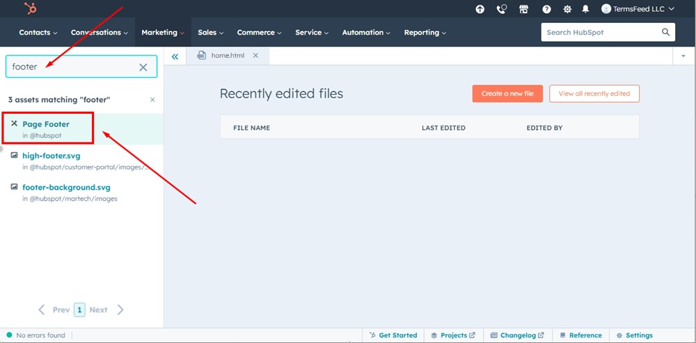 TermsFeed HubSpot - Design Tools - Find Footer and Footer Page selected