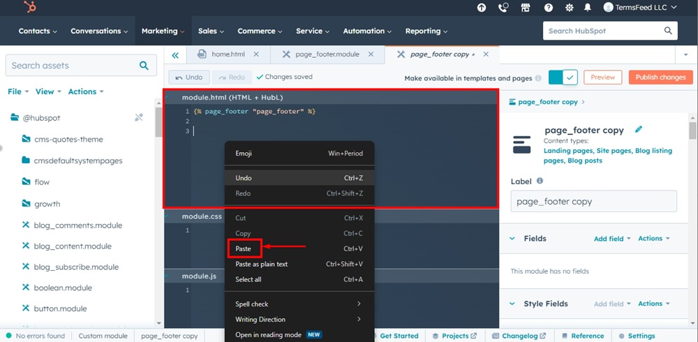 TermsFeed HubSpot - Design Tools - Footer Page Cloned - Paste the generated Cookie Consent code in the HTML + HubL filed