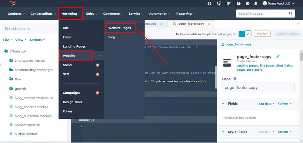 TermsFeed HubSpot - Design Tools - Footer Page Cloned - Published changes - Marketing - Website - Website Pages highlighted