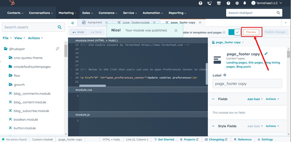 TermsFeed HubSpot - Design Tools - Footer Page Cloned - Published changes - the Preview button highlighted