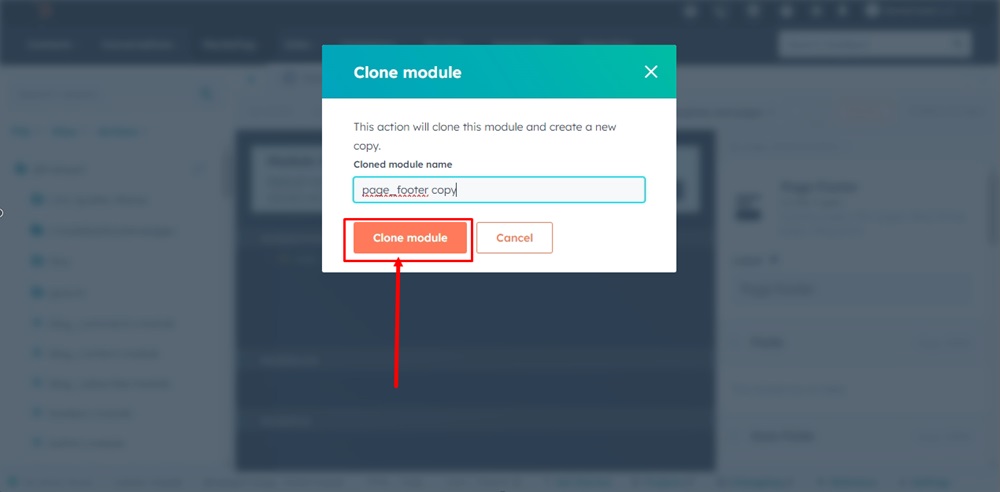 TermsFeed HubSpot - Design Tools - Footer Page opened - Clone module - dialog window