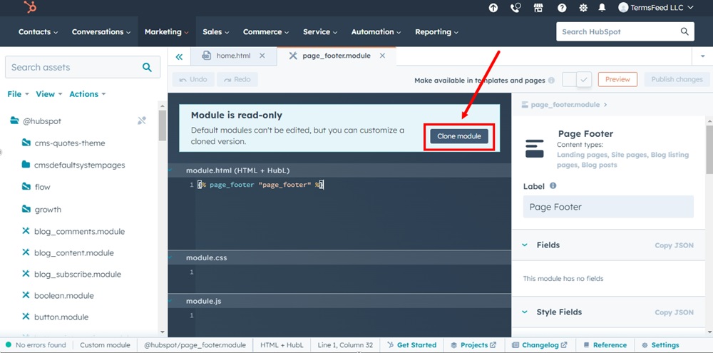 TermsFeed HubSpot - Design Tools - Footer Page opened - Clone module selected